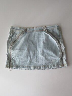 Italian Vintage Phard Denim Mini Skirt, XS, Light Wash Curved Zipper Micro, 2000